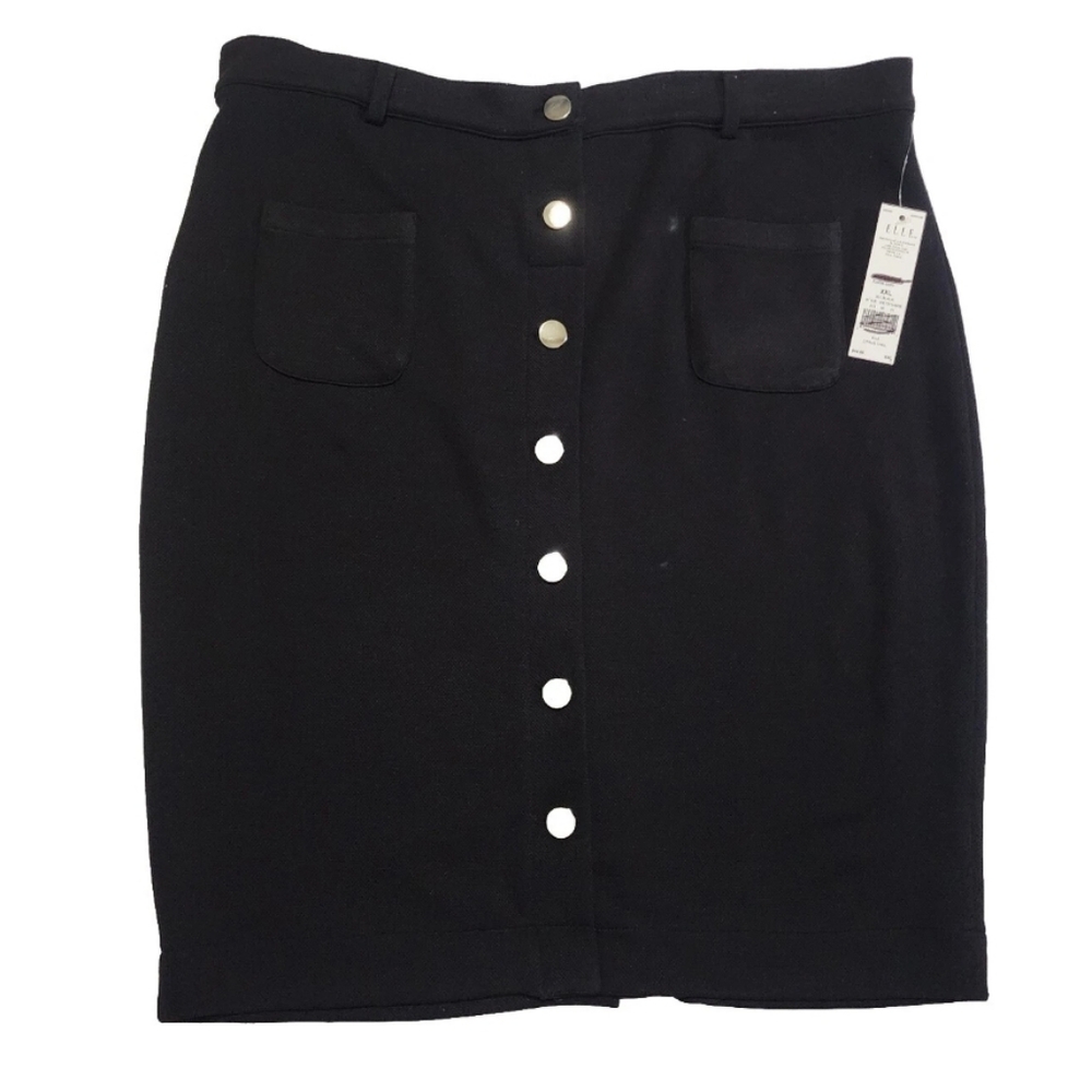 NWT ELLE Women's XXL 40 Black Skirt Citrus Chill Silver Buttons Front Pockets